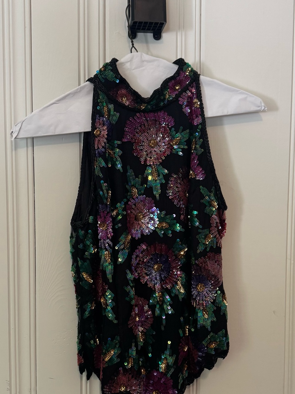 Laurence Kazar Black Sequin Floral Halter Tunic Top